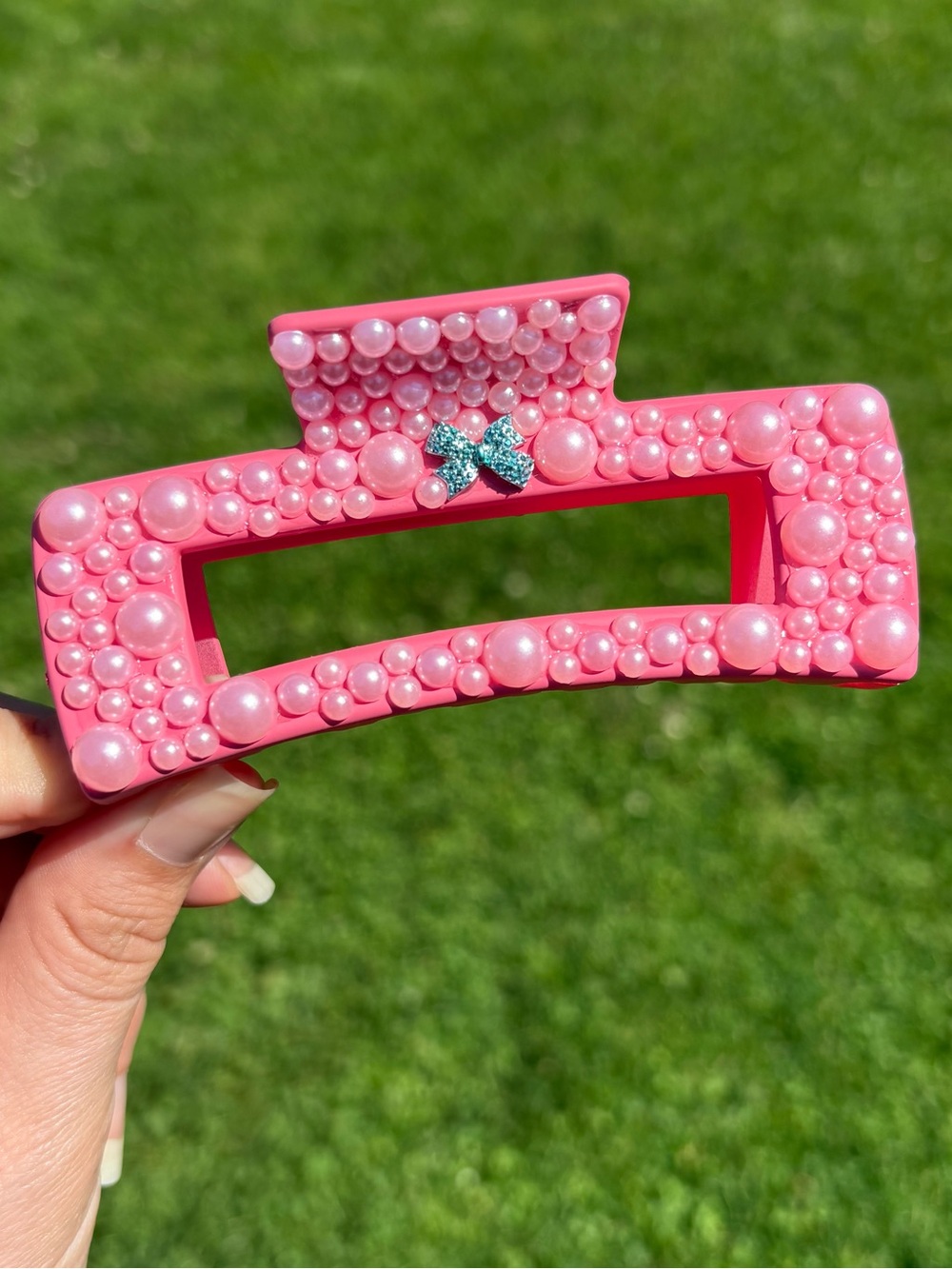 Handmade Pink Pearl Embellished Claw Clip with Bow Accent